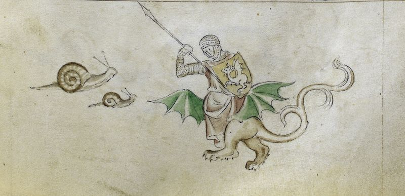 Illustration for article titled Hay un montón de pinturas medievales de caballeros luchando contra caracoles gigantes y nadie sabe bien por qué